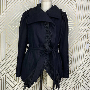 Lungta De Fancy London Black Fringe Wool Wrap Jacket Size US 4